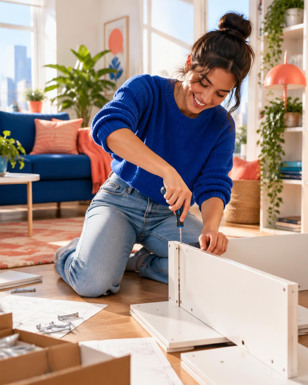 Someone assembling flat-pack furniture in a sunny apartment