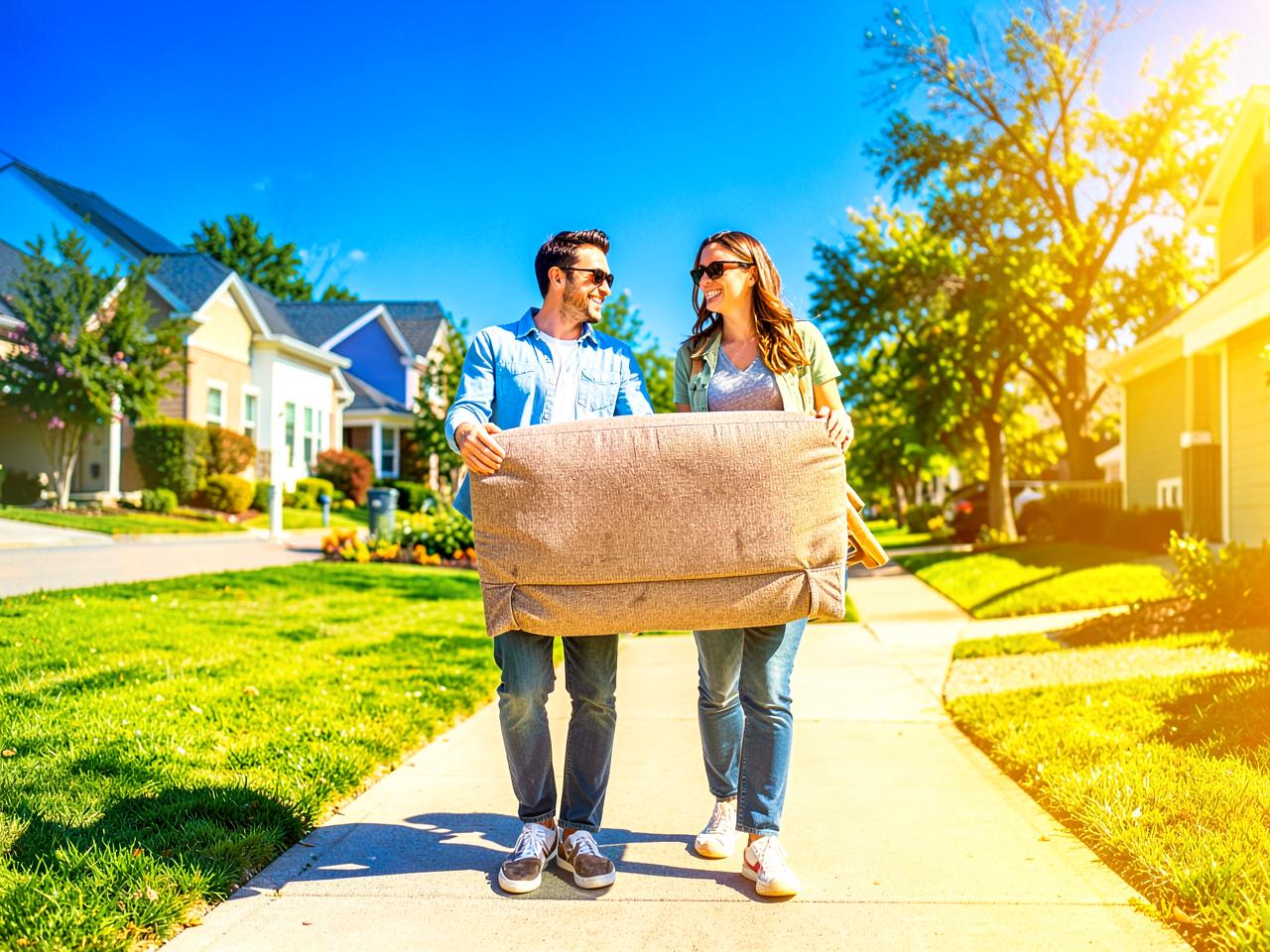 Two people carrying a couch down a suburban sidewalk