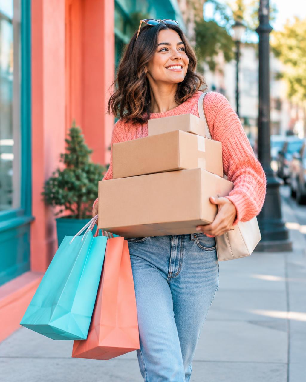 Someone carrying delivery boxes and shopping bags