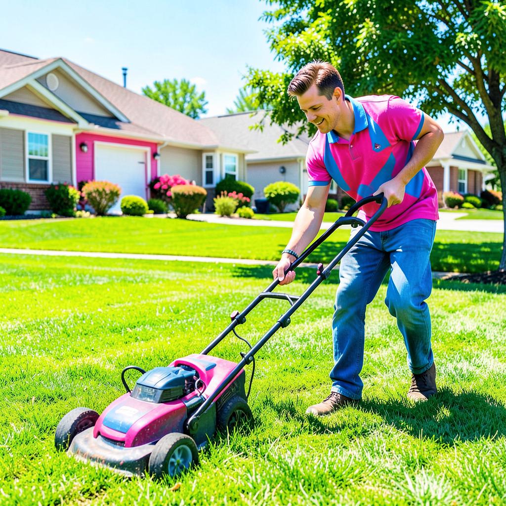 Someone mowing a bright green lawn